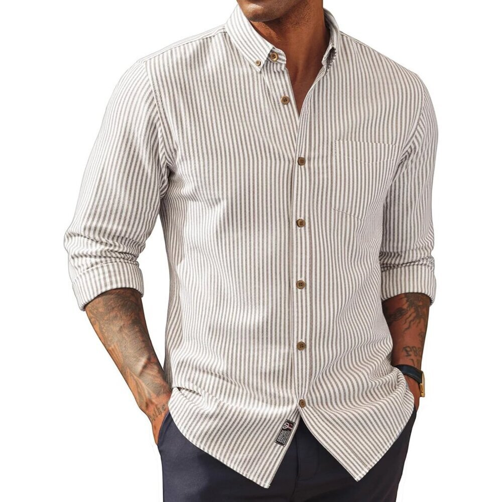 Men's Light Beige Stripes Classic Fit Linen Long Sleeve Button Down Casual Shirt